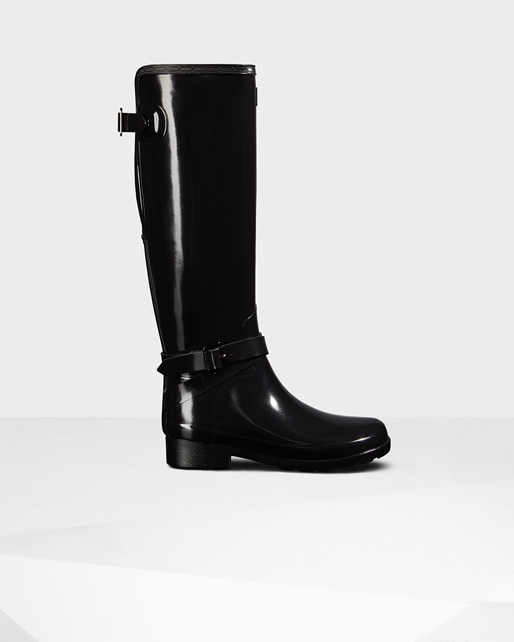 Womens Hunter Refined Adjustable Gloss - Tall Rain Boots Black - 9253-SNAFH